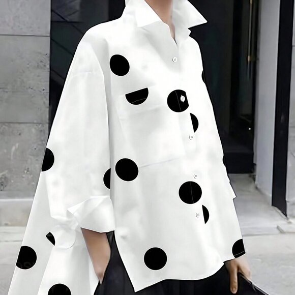 White Casual Women's Long Sleeve Polka Dot Print Loose Shirt - Picture 1 of 5